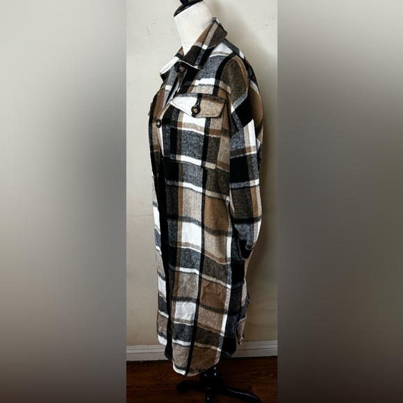 Shacket Duster khaki black plaid field jacket trench coat flannel Barn Chore - Picture 3 of 10